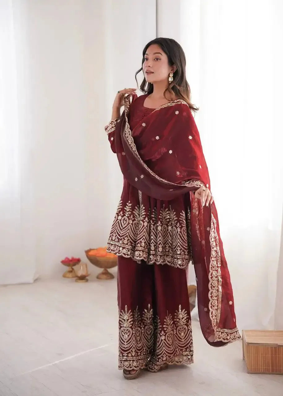 Heavy Two Tone Fendy Satin Silk Embroidered Gown with Sharara & Dupatta – Designer Ethnic Wear