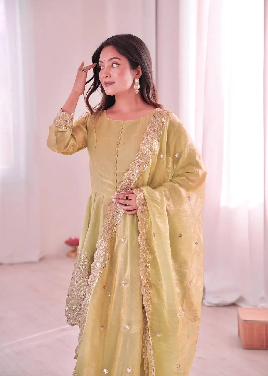 Heavy Two Tone Fendy Satin Silk Embroidered Gown with Sharara & Dupatta – Designer Ethnic Wear