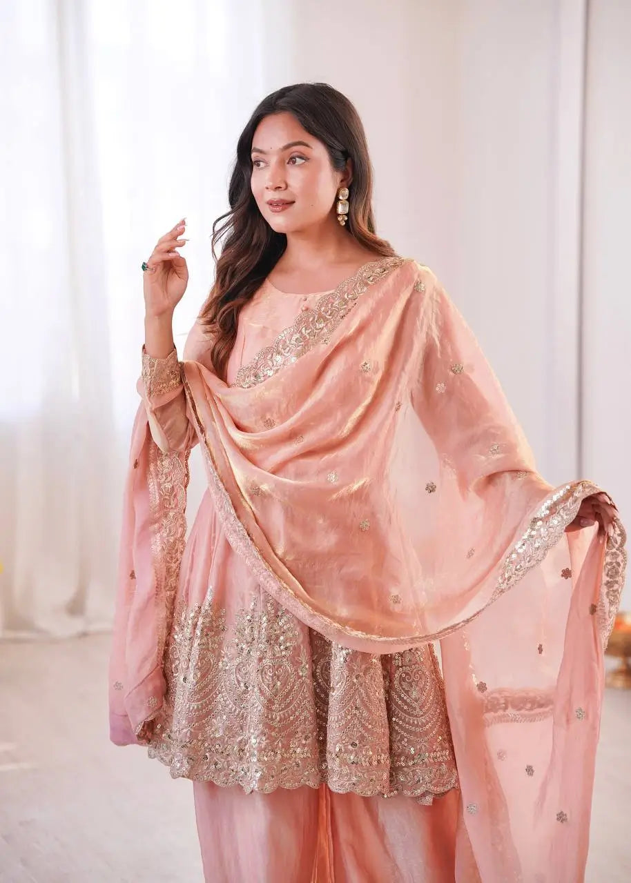 Heavy Two Tone Fendy Satin Silk Embroidered Gown with Sharara & Dupatta – Designer Ethnic Wear