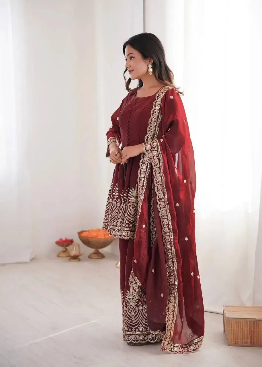 Heavy Two Tone Fendy Satin Silk Embroidered Gown with Sharara & Dupatta – Designer Ethnic Wear