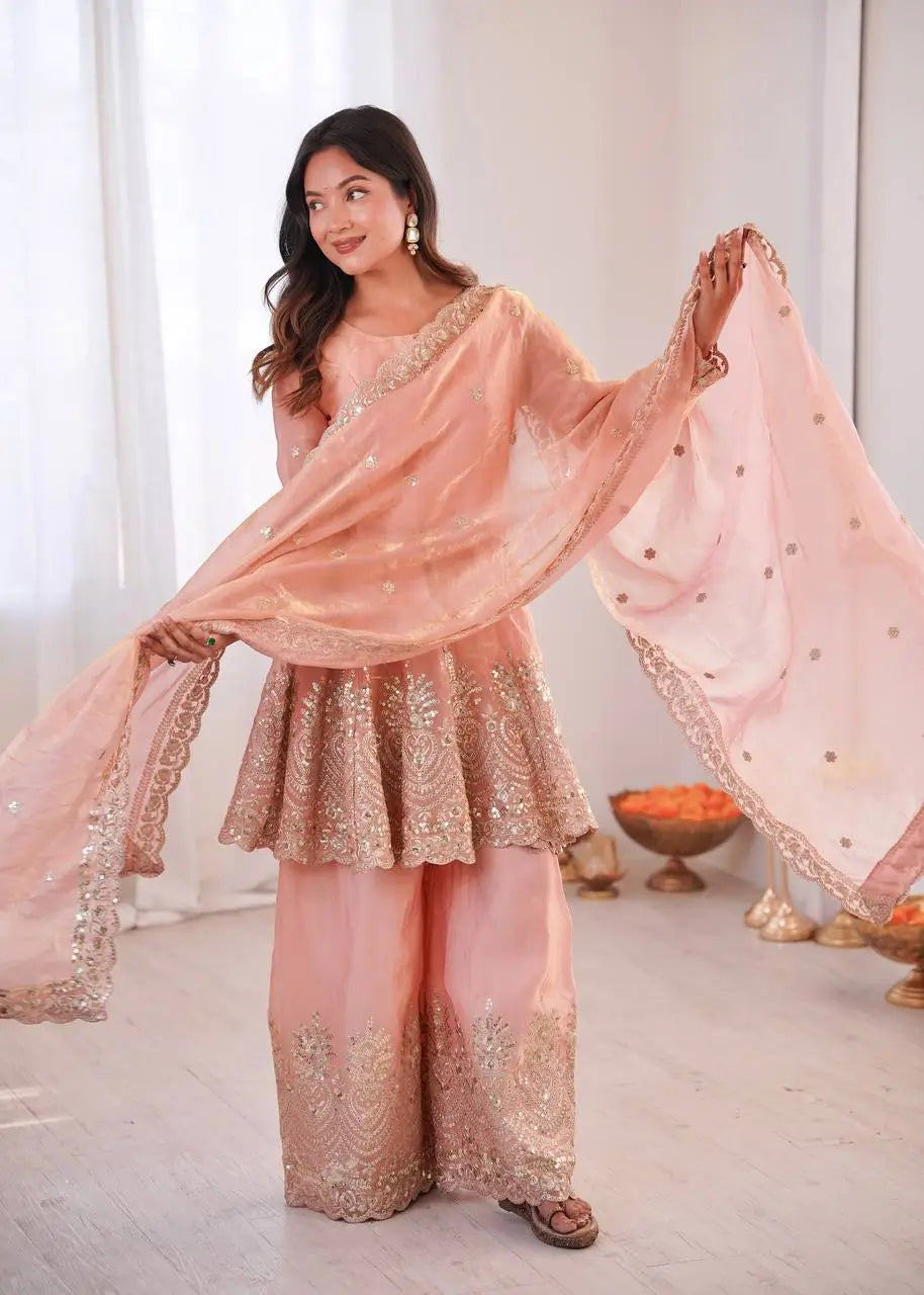 Heavy Two Tone Fendy Satin Silk Embroidered Gown with Sharara & Dupatta – Designer Ethnic Wear