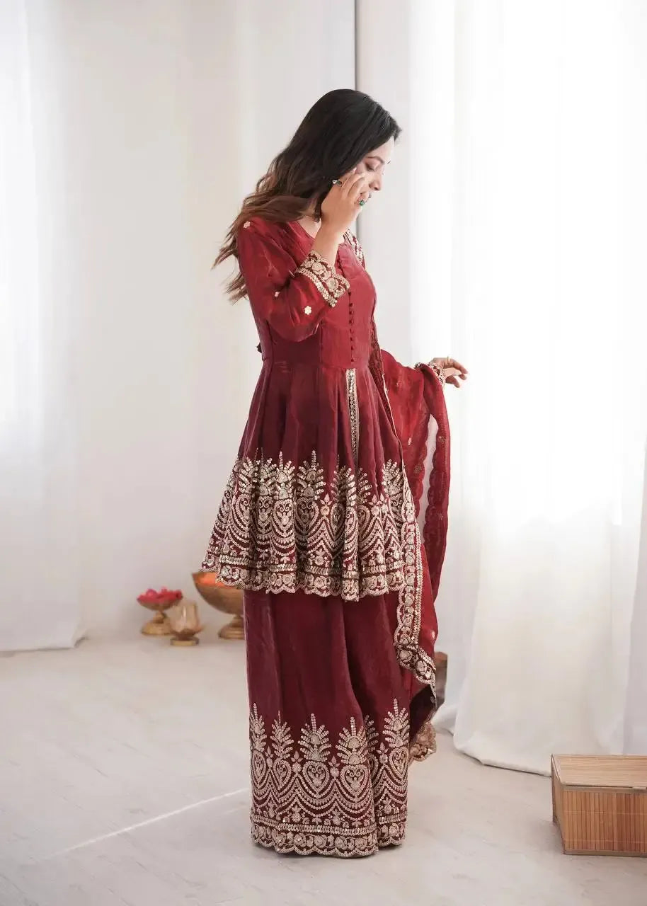 Heavy Two Tone Fendy Satin Silk Embroidered Gown with Sharara & Dupatta – Designer Ethnic Wear