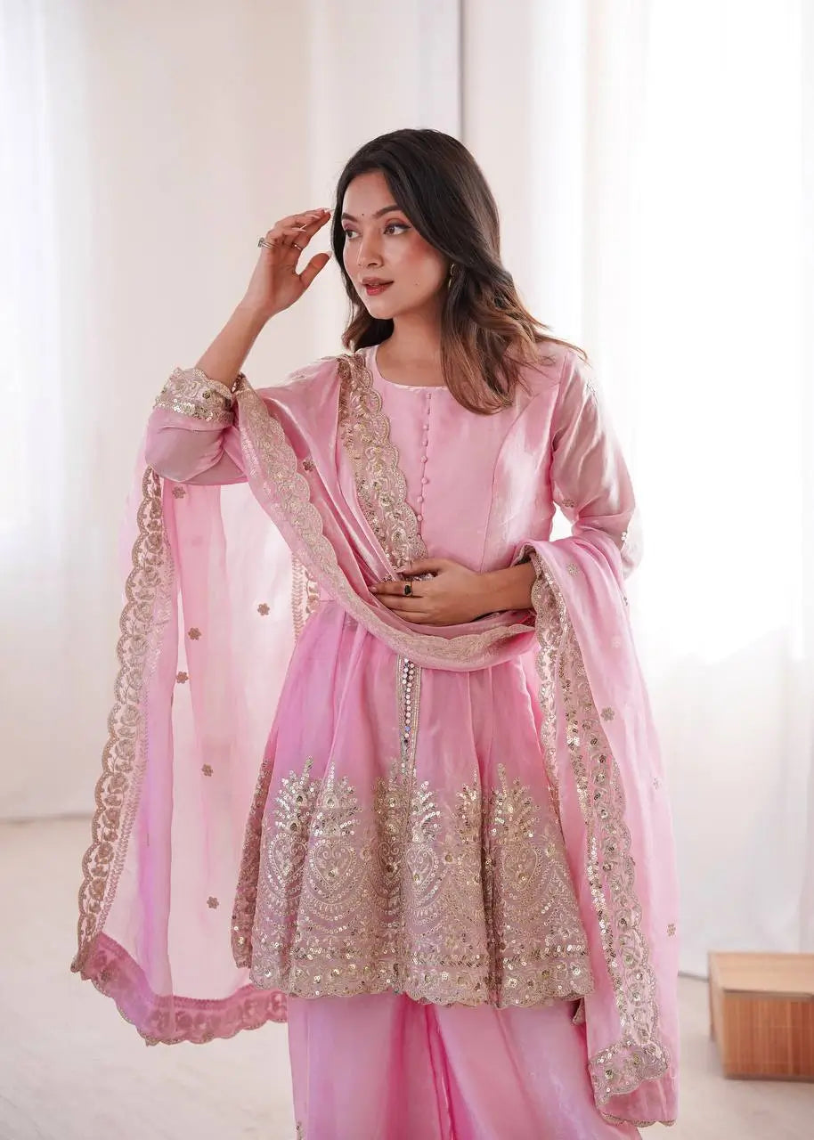 Heavy Two Tone Fendy Satin Silk Embroidered Gown with Sharara & Dupatta – Designer Ethnic Wear