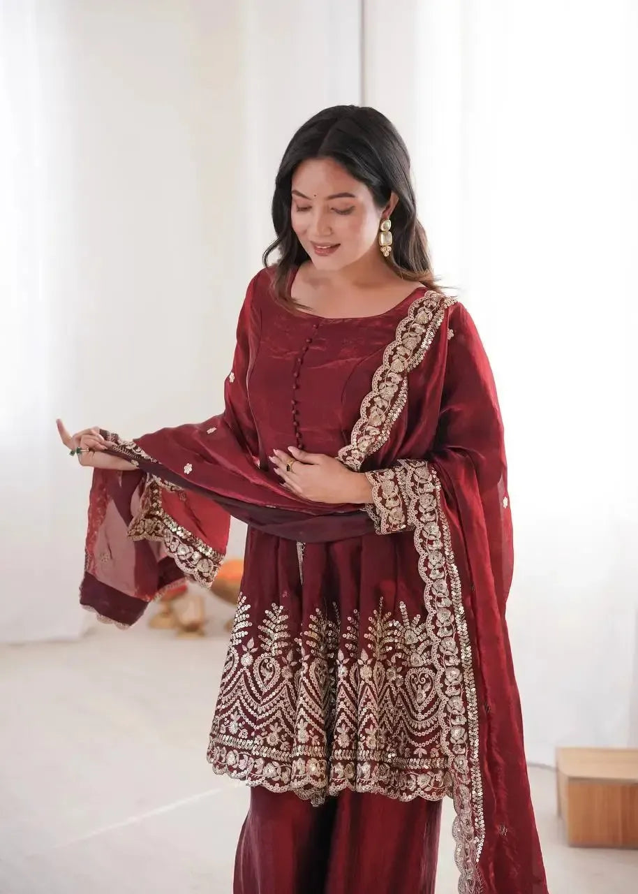 Heavy Two Tone Fendy Satin Silk Embroidered Gown with Sharara & Dupatta – Designer Ethnic Wear