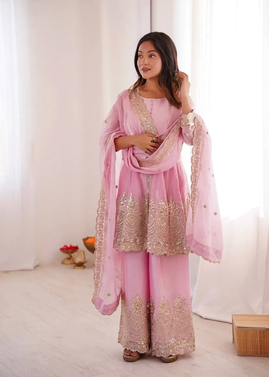 Heavy Two Tone Fendy Satin Silk Embroidered Gown with Sharara & Dupatta – Designer Ethnic Wear