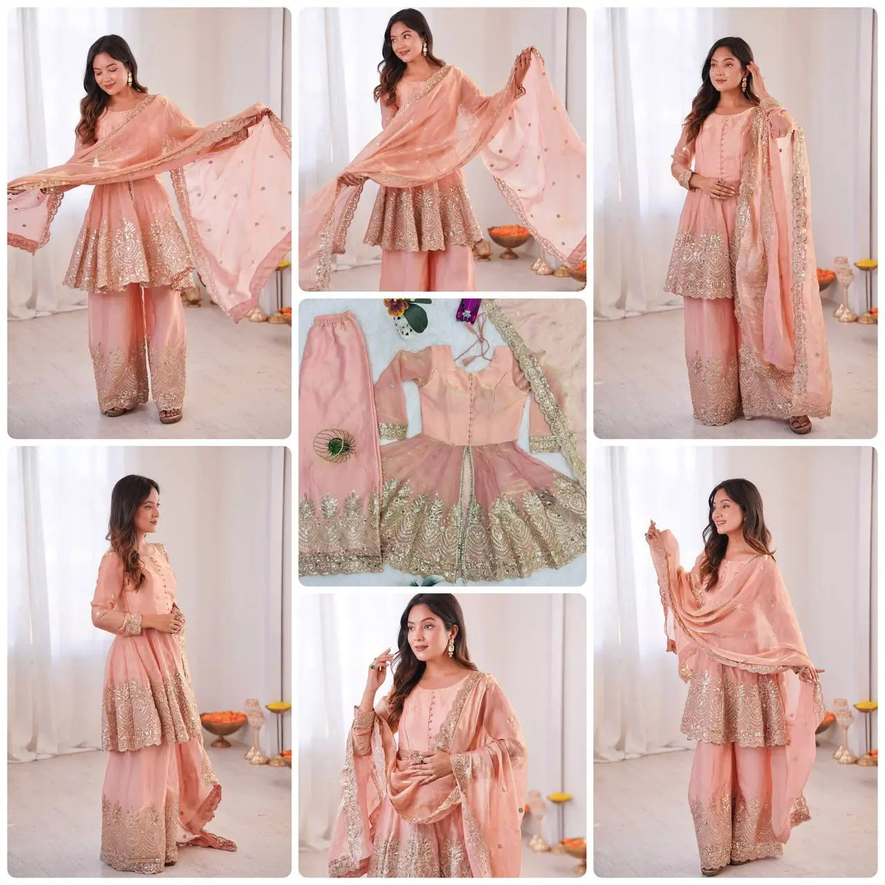 Heavy Two Tone Fendy Satin Silk Embroidered Gown with Sharara & Dupatta – Designer Ethnic Wear