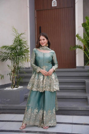 Heavy Two Tone Fendy Satin Silk Embroidered Gown with Sharara & Dupatta – Designer Ethnic Wear