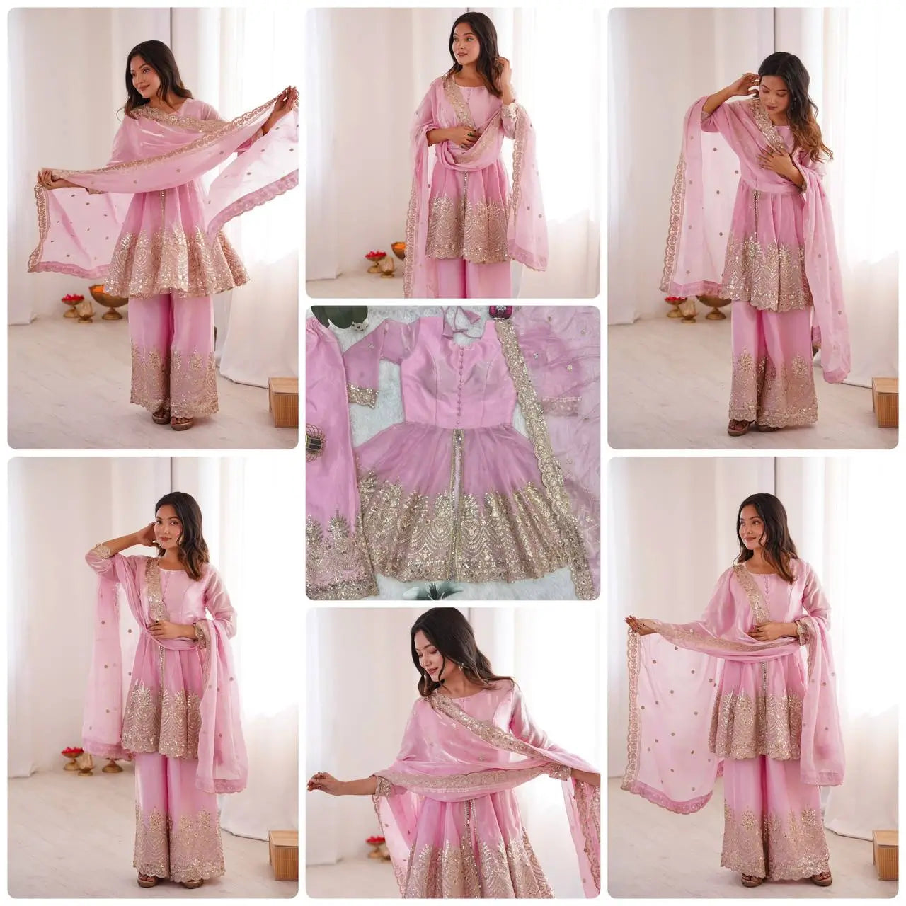 Heavy Two Tone Fendy Satin Silk Embroidered Gown with Sharara & Dupatta – Designer Ethnic Wear