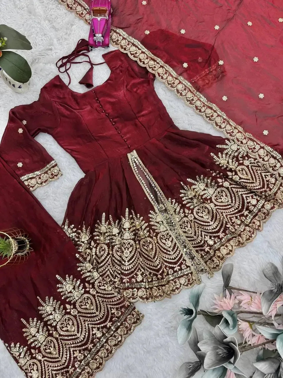 Heavy Two Tone Fendy Satin Silk Embroidered Gown with Sharara & Dupatta – Designer Ethnic Wear