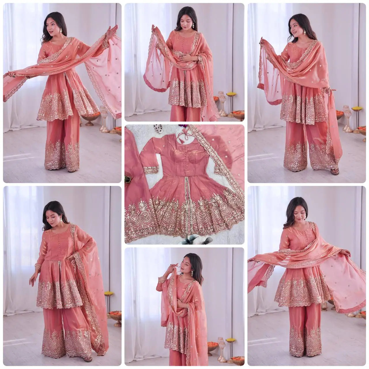 Heavy Two Tone Fendy Satin Silk Embroidered Gown with Sharara & Dupatta – Designer Ethnic Wear