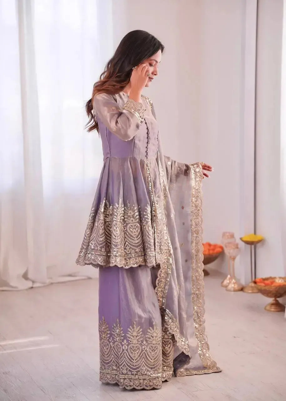 Heavy Two Tone Fendy Satin Silk Embroidered Gown with Sharara & Dupatta – Designer Ethnic Wear