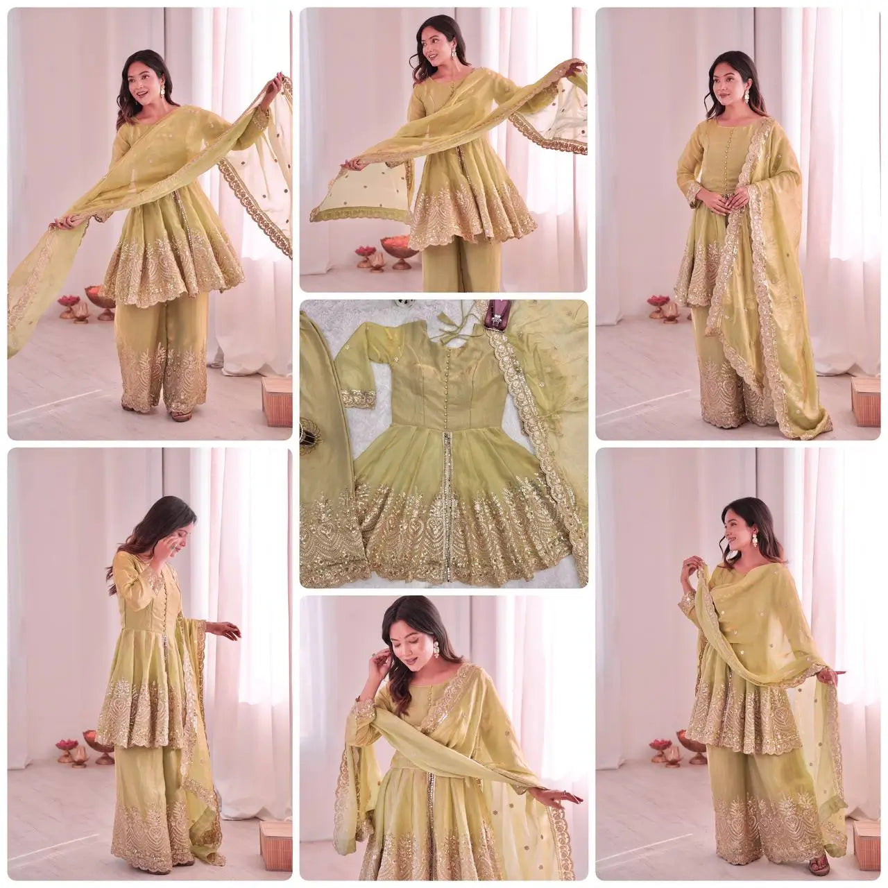 Heavy Two Tone Fendy Satin Silk Embroidered Gown with Sharara & Dupatta – Designer Ethnic Wear