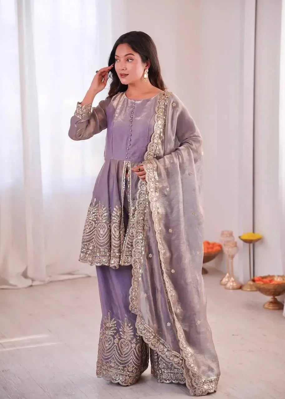 Heavy Two Tone Fendy Satin Silk Embroidered Gown with Sharara & Dupatta – Designer Ethnic Wear
