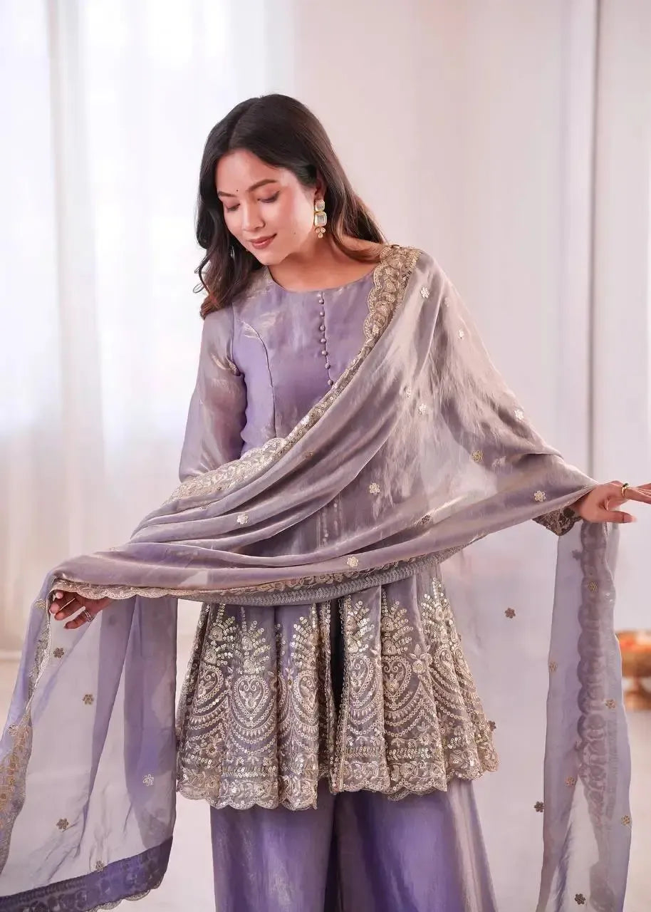 Heavy Two Tone Fendy Satin Silk Embroidered Gown with Sharara & Dupatta – Designer Ethnic Wear
