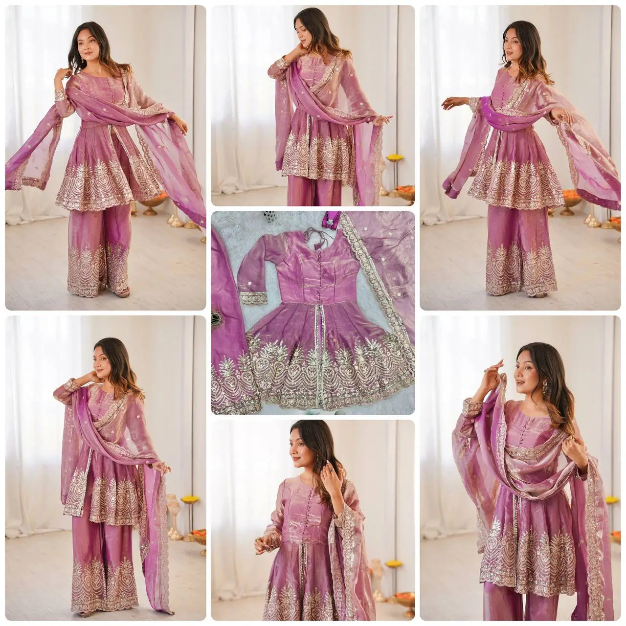 Heavy Two Tone Fendy Satin Silk Embroidered Gown with Sharara & Dupatta – Designer Ethnic Wear