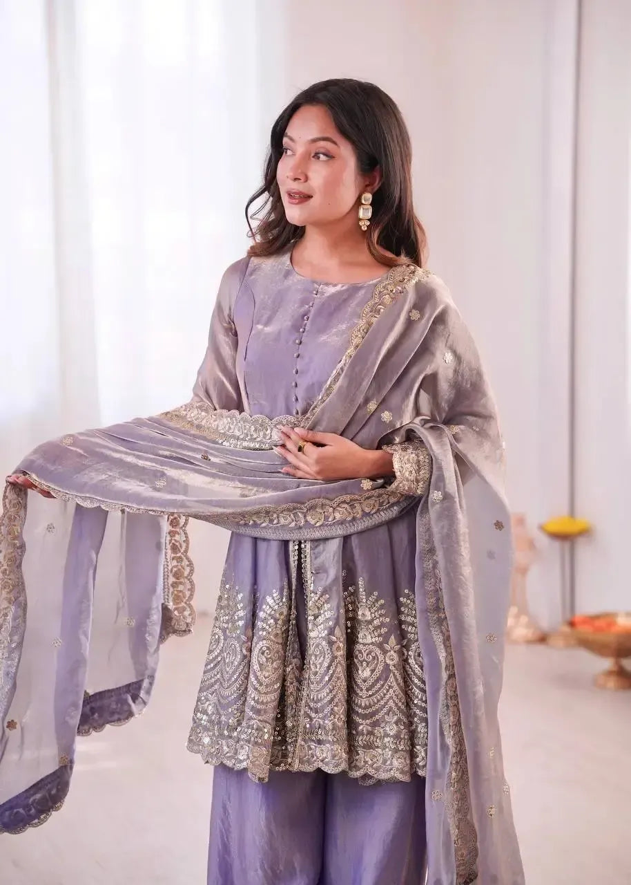 Heavy Two Tone Fendy Satin Silk Embroidered Gown with Sharara & Dupatta – Designer Ethnic Wear