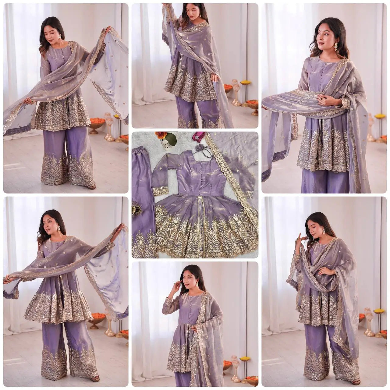 Heavy Two Tone Fendy Satin Silk Embroidered Gown with Sharara & Dupatta – Designer Ethnic Wear