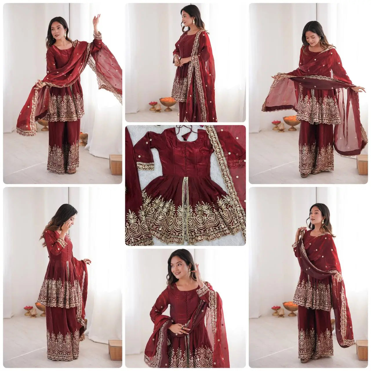 Heavy Two Tone Fendy Satin Silk Embroidered Gown with Sharara & Dupatta – Designer Ethnic Wear