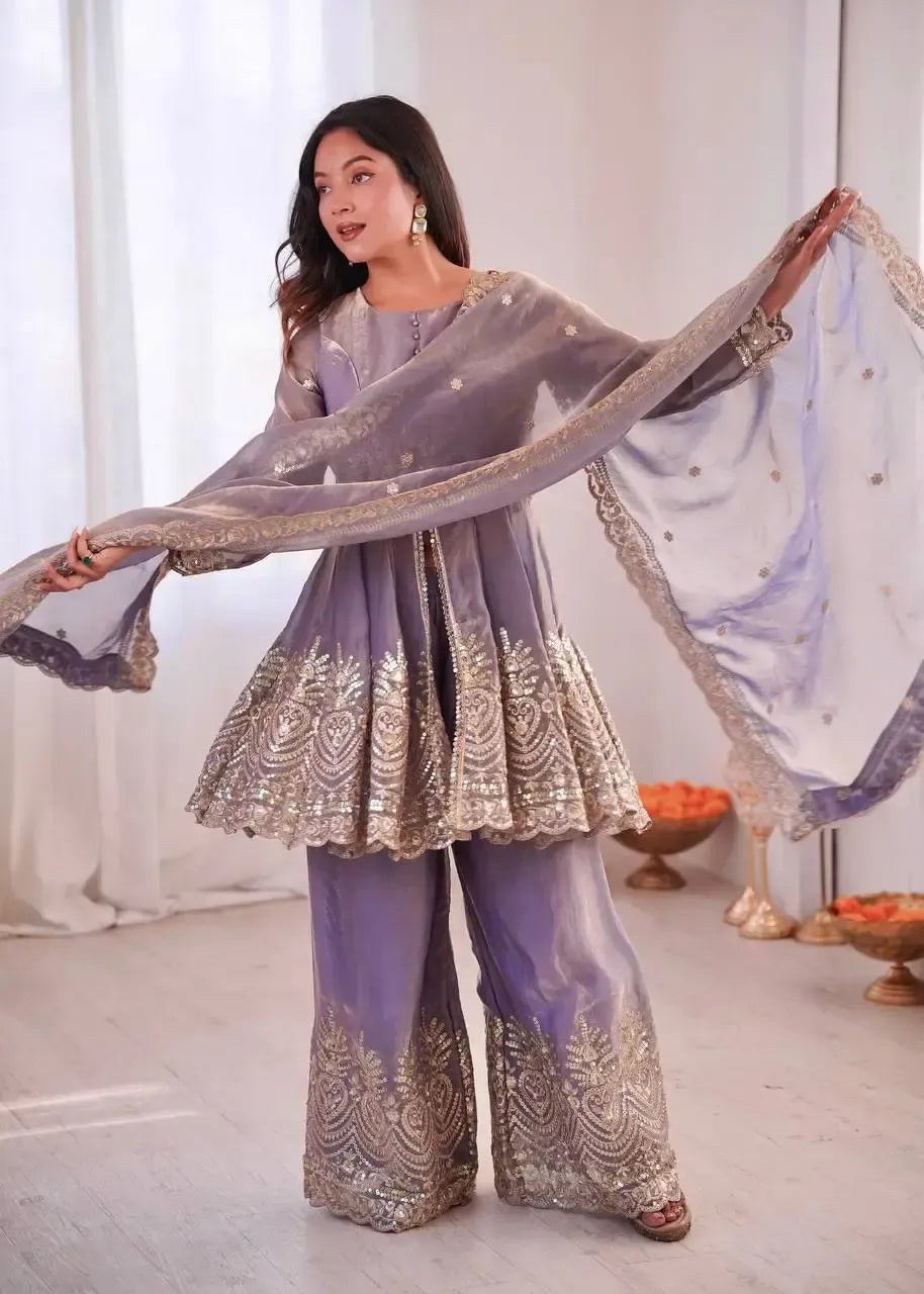 Heavy Two Tone Fendy Satin Silk Embroidered Gown with Sharara & Dupatta – Designer Ethnic Wear