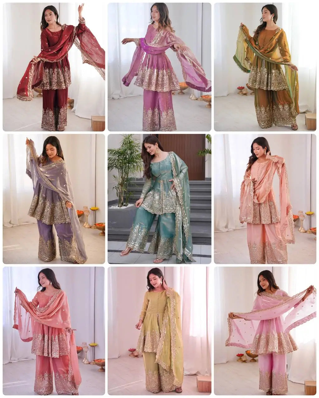 Heavy Two Tone Fendy Satin Silk Embroidered Gown with Sharara & Dupatta – Designer Ethnic Wear