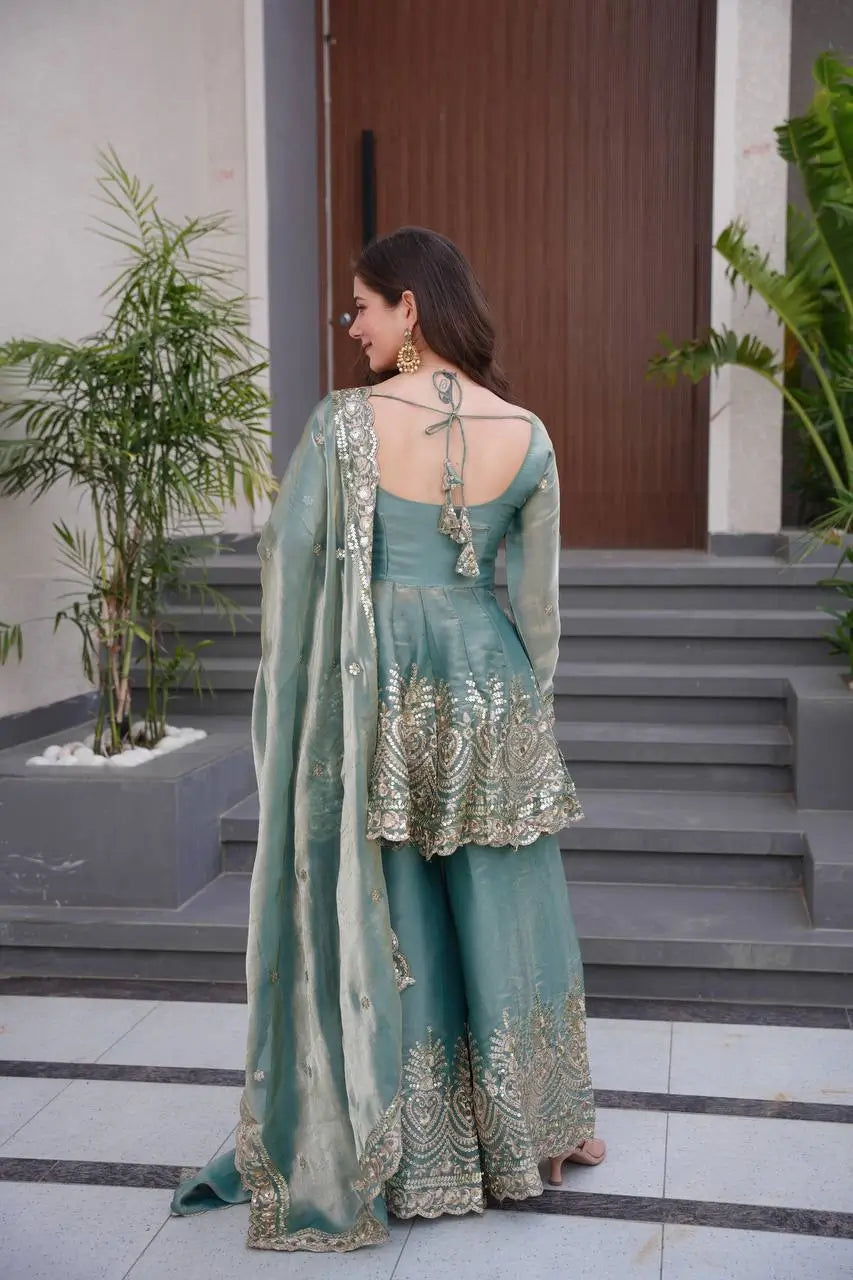 Heavy Two Tone Fendy Satin Silk Embroidered Gown with Sharara & Dupatta – Designer Ethnic Wear