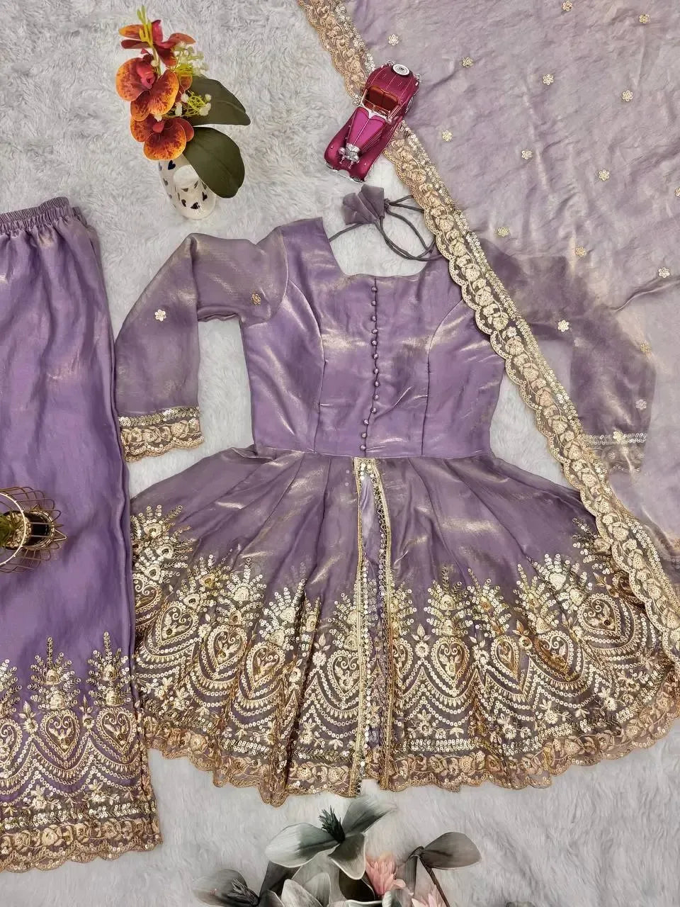 Heavy Two Tone Fendy Satin Silk Embroidered Gown with Sharara & Dupatta – Designer Ethnic Wear