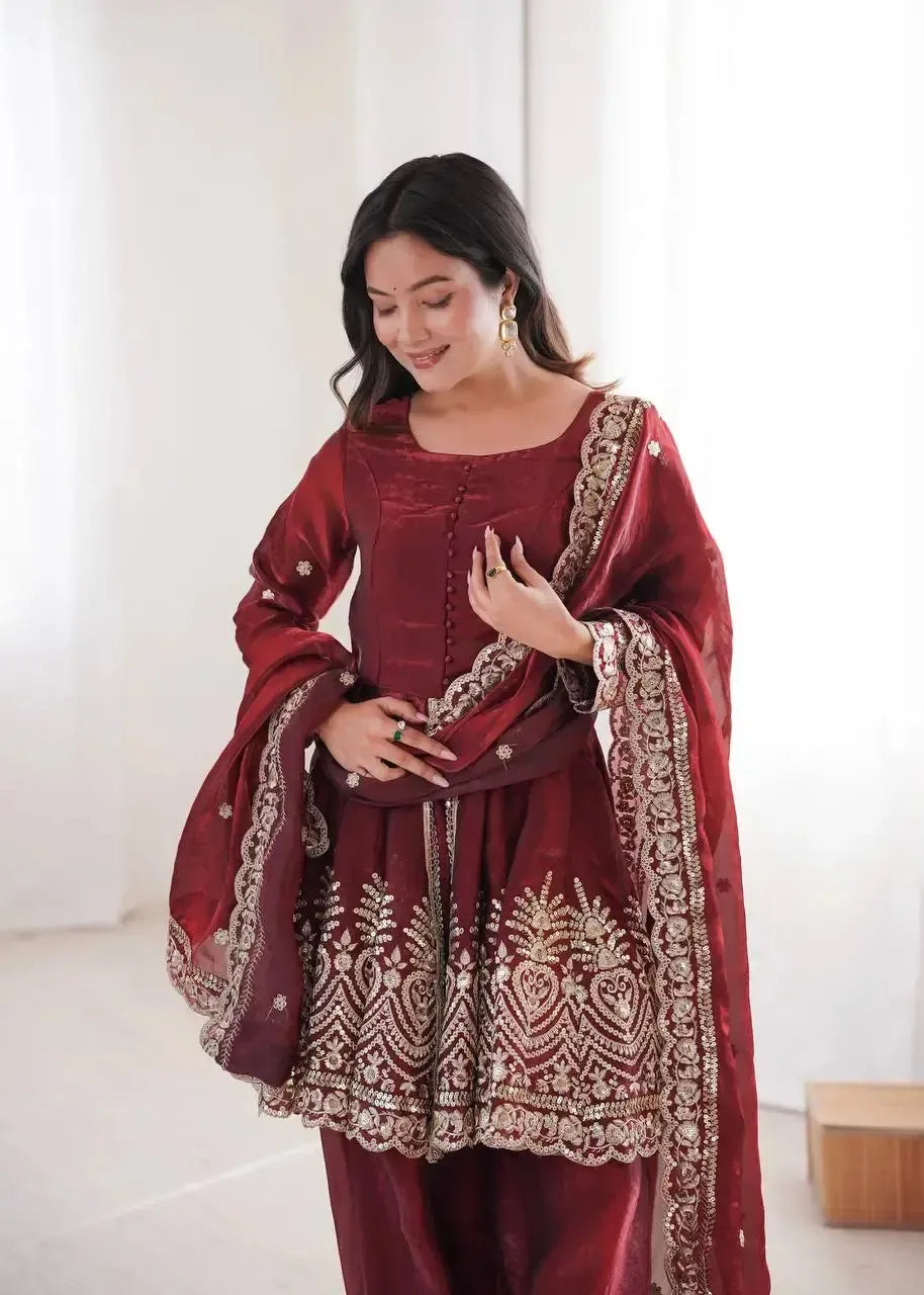 Heavy Two Tone Fendy Satin Silk Embroidered Gown with Sharara & Dupatta – Designer Ethnic Wear