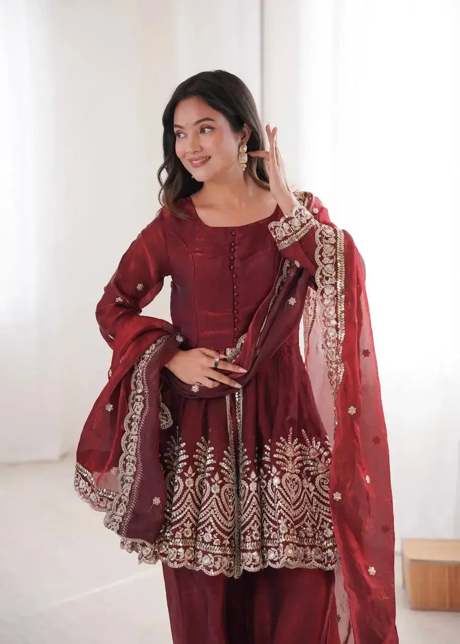 Heavy Two Tone Fendy Satin Silk Embroidered Gown with Sharara & Dupatta – Designer Ethnic Wear