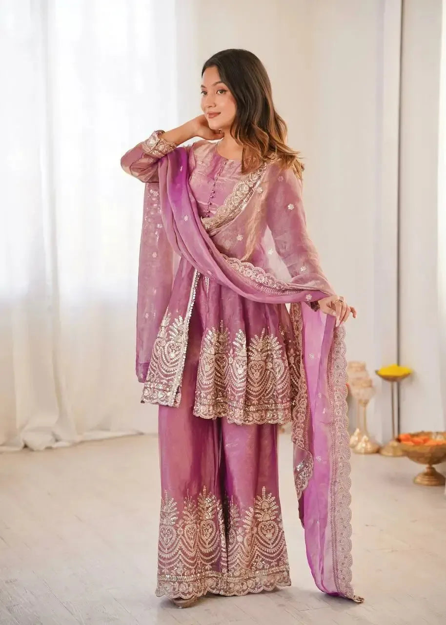 Heavy Two Tone Fendy Satin Silk Embroidered Gown with Sharara & Dupatta – Designer Ethnic Wear