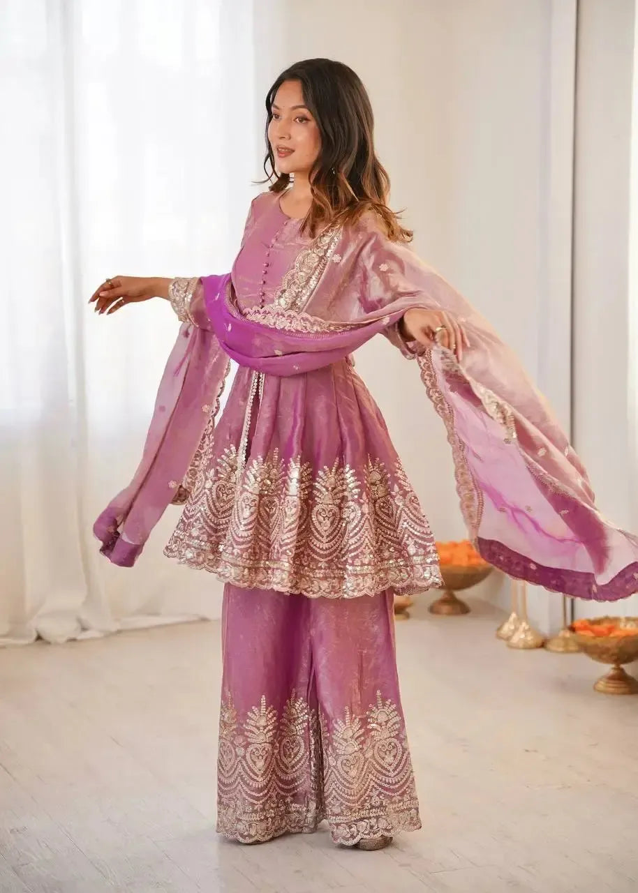 Heavy Two Tone Fendy Satin Silk Embroidered Gown with Sharara & Dupatta – Designer Ethnic Wear