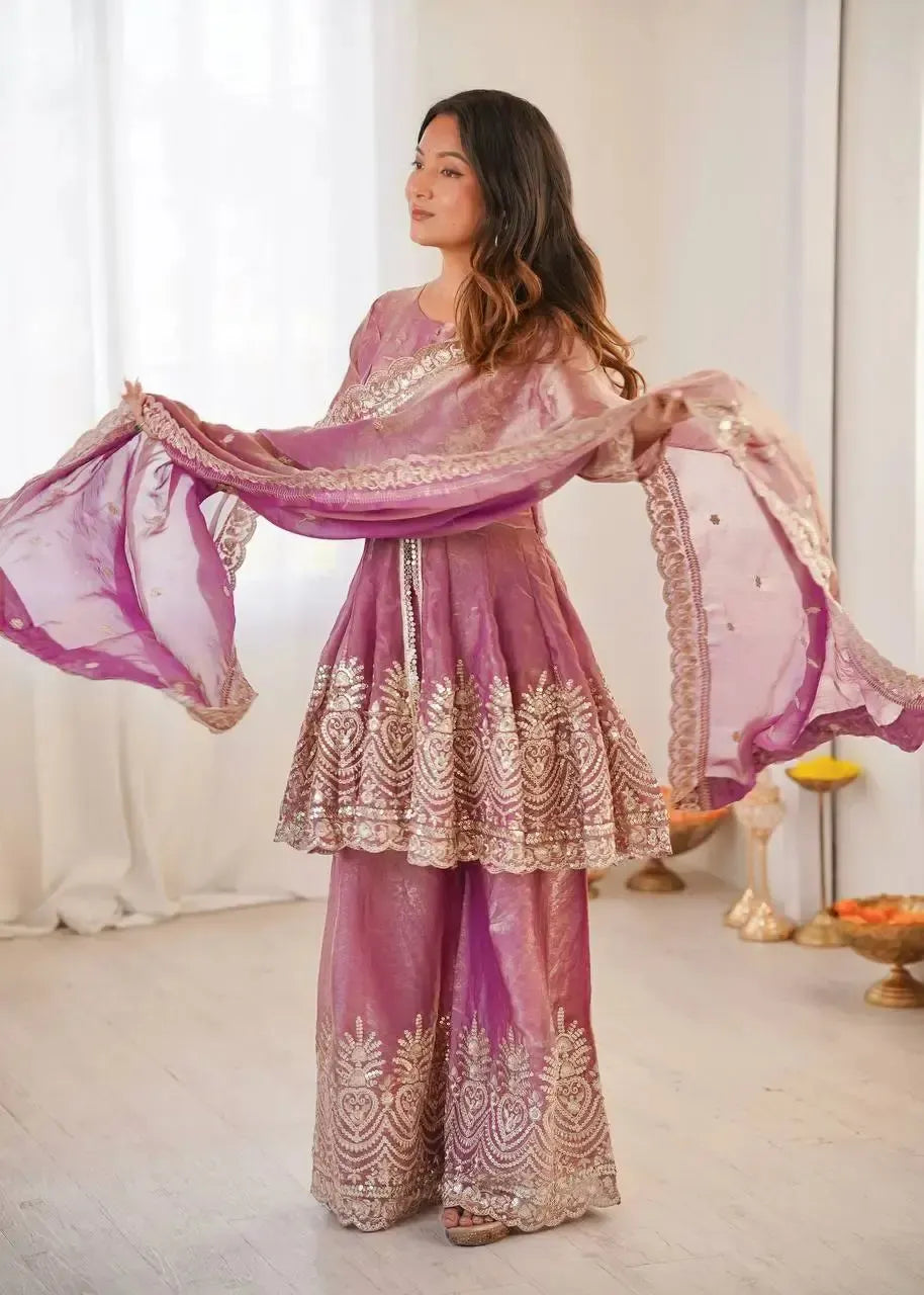 Heavy Two Tone Fendy Satin Silk Embroidered Gown with Sharara & Dupatta – Designer Ethnic Wear