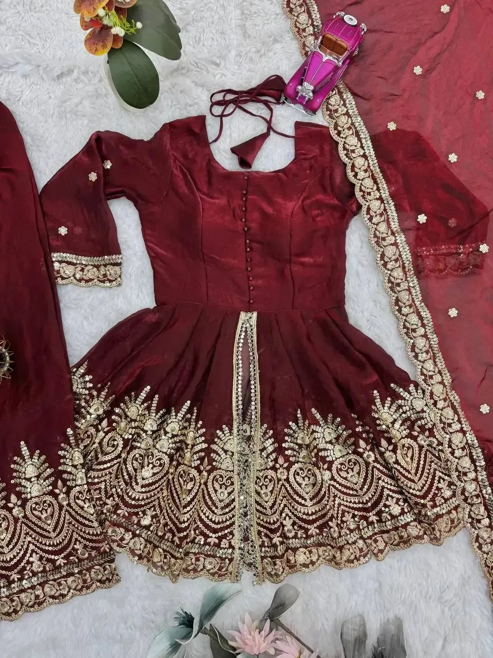 Heavy Two Tone Fendy Satin Silk Embroidered Gown with Sharara & Dupatta – Designer Ethnic Wear