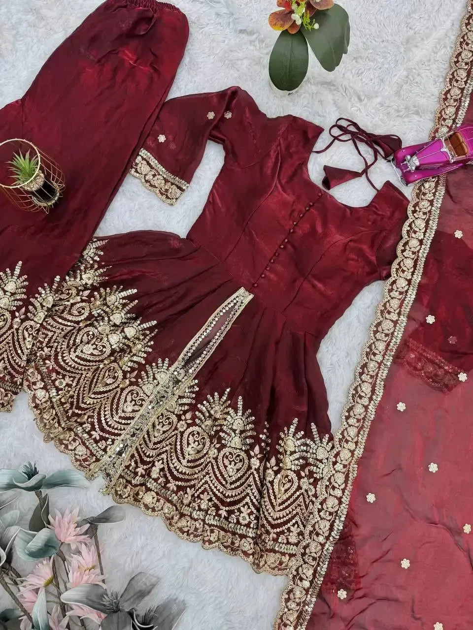 Heavy Two Tone Fendy Satin Silk Embroidered Gown with Sharara & Dupatta – Designer Ethnic Wear