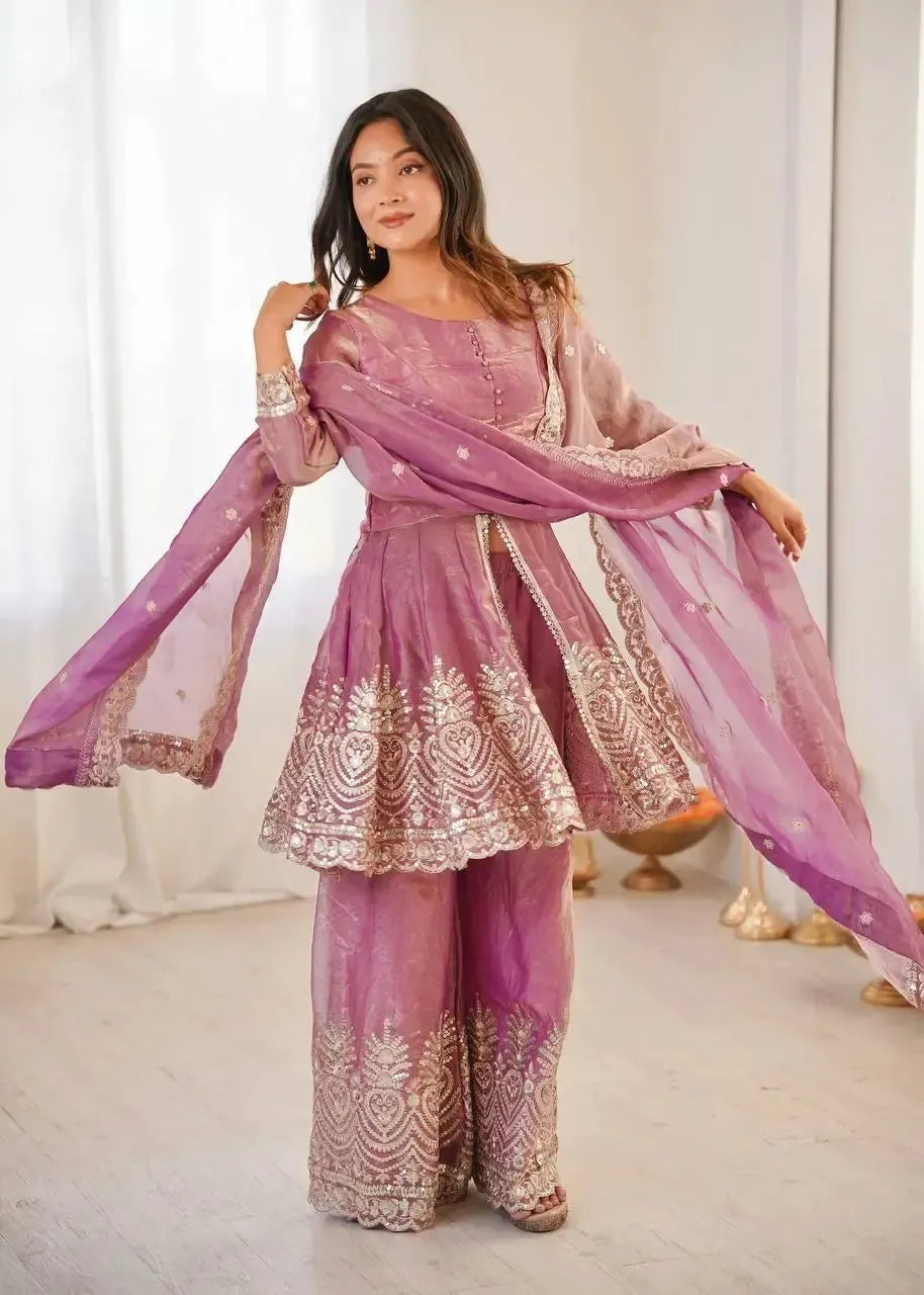 Heavy Two Tone Fendy Satin Silk Embroidered Gown with Sharara & Dupatta – Designer Ethnic Wear