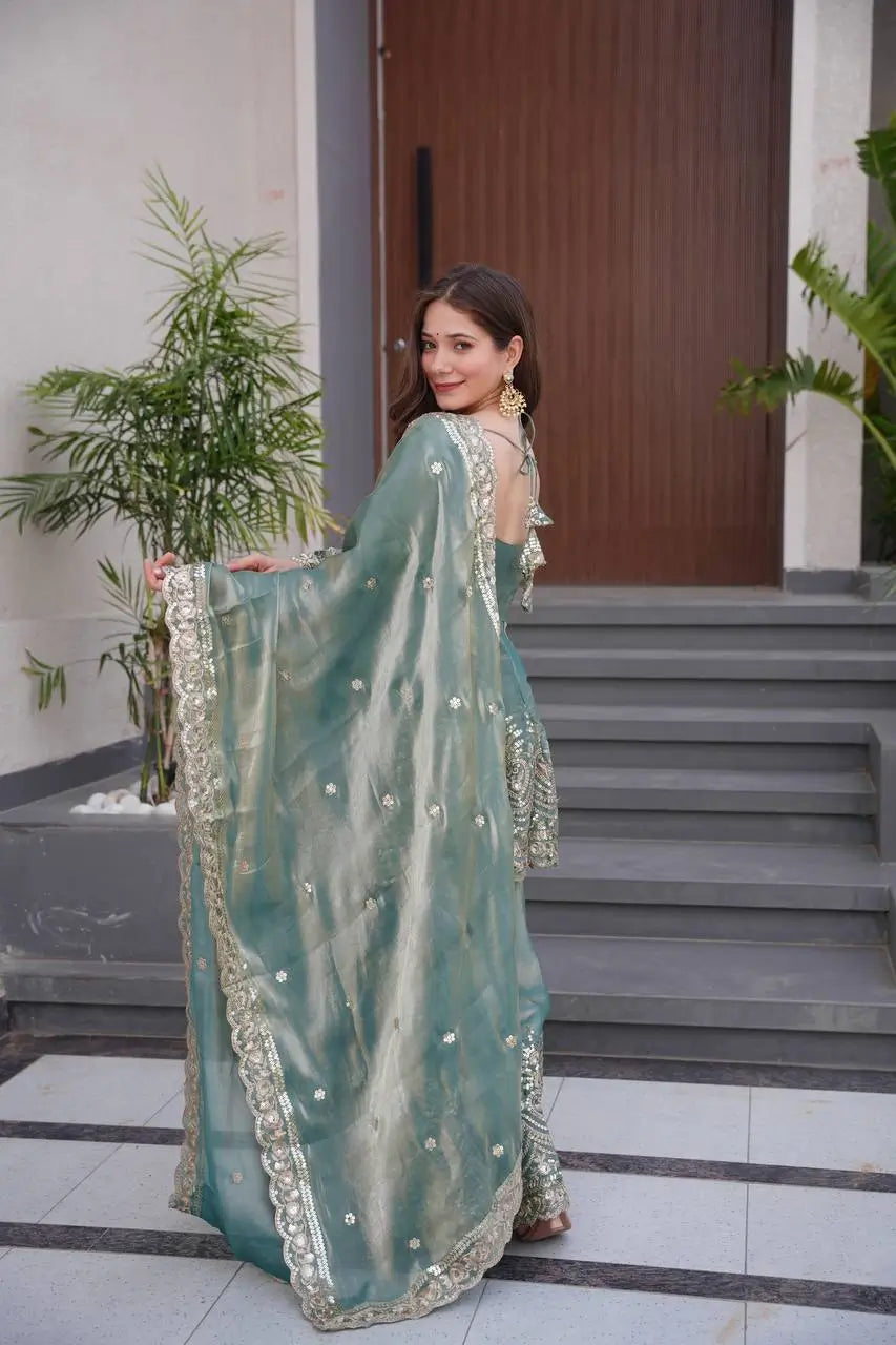 Heavy Two Tone Fendy Satin Silk Embroidered Gown with Sharara & Dupatta – Designer Ethnic Wear