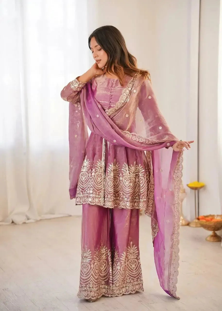 Heavy Two Tone Fendy Satin Silk Embroidered Gown with Sharara & Dupatta – Designer Ethnic Wear