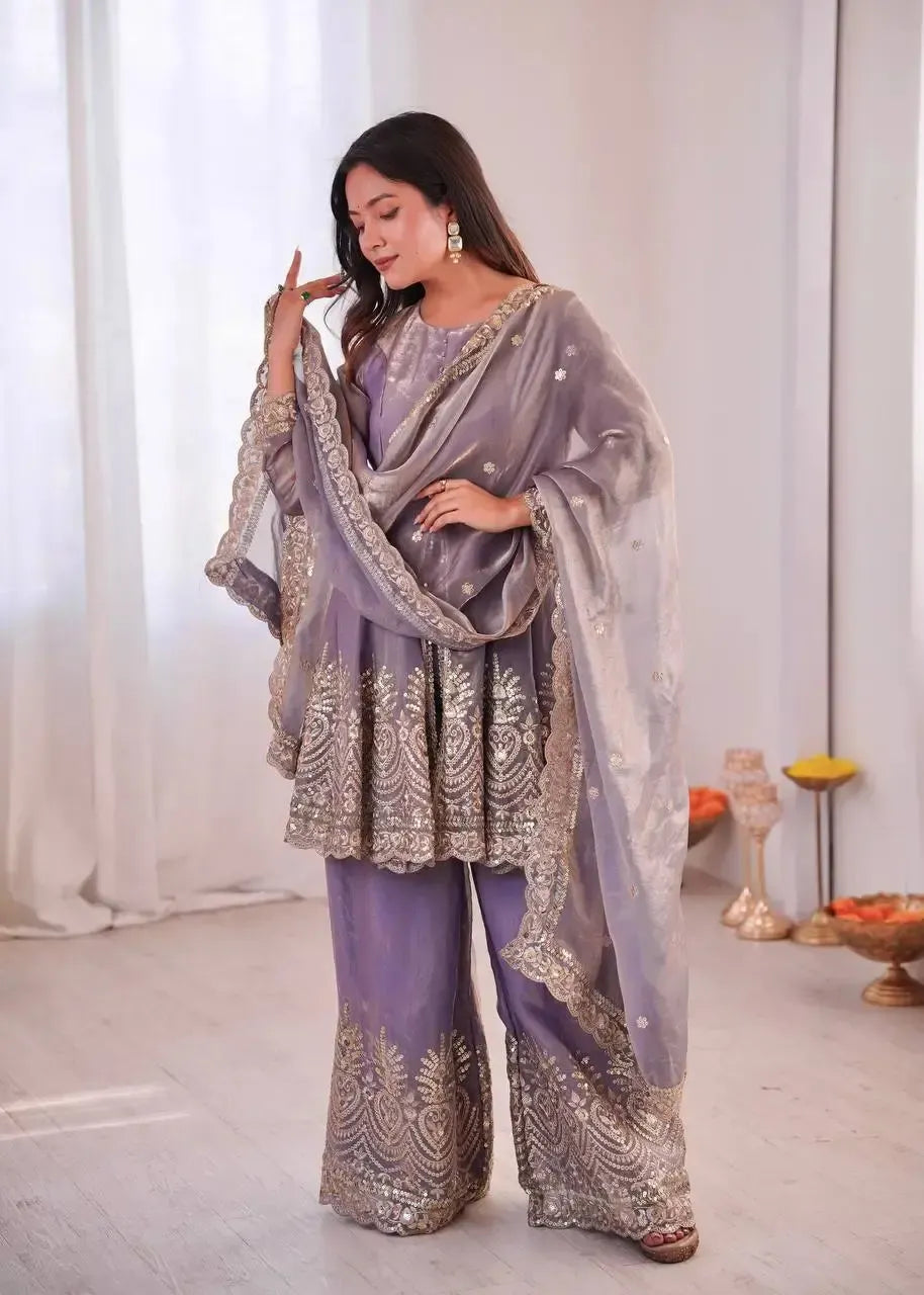 Heavy Two Tone Fendy Satin Silk Embroidered Gown with Sharara & Dupatta – Designer Ethnic Wear