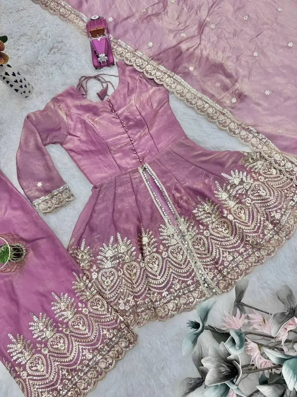 Heavy Two Tone Fendy Satin Silk Embroidered Gown with Sharara & Dupatta – Designer Ethnic Wear
