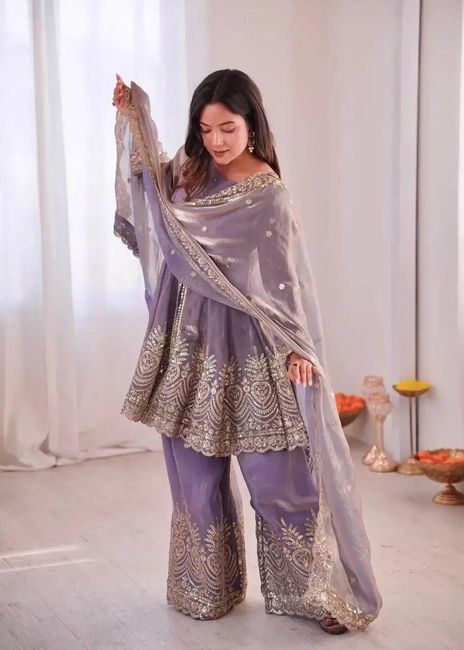 Heavy Two Tone Fendy Satin Silk Embroidered Gown with Sharara & Dupatta – Designer Ethnic Wear