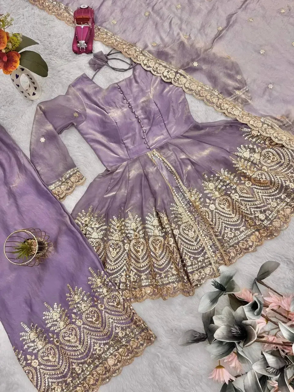Heavy Two Tone Fendy Satin Silk Embroidered Gown with Sharara & Dupatta – Designer Ethnic Wear