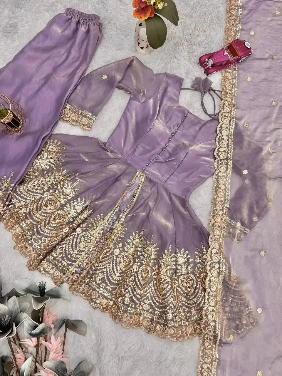 Heavy Two Tone Fendy Satin Silk Embroidered Gown with Sharara & Dupatta – Designer Ethnic Wear