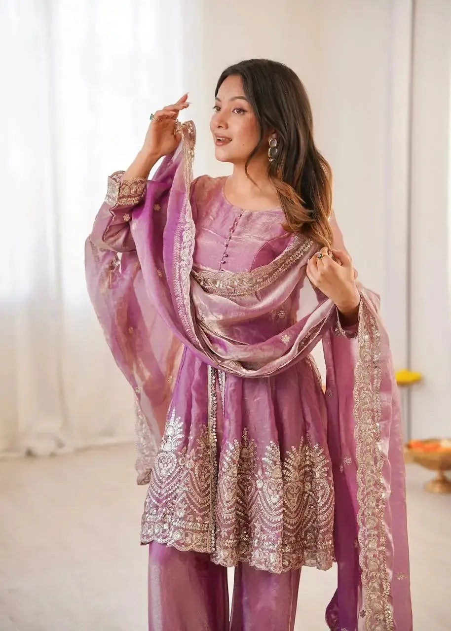 Heavy Two Tone Fendy Satin Silk Embroidered Gown with Sharara & Dupatta – Designer Ethnic Wear