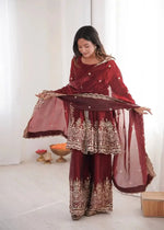 Heavy Two Tone Fendy Satin Silk Embroidered Gown with Sharara & Dupatta – Designer Ethnic Wear