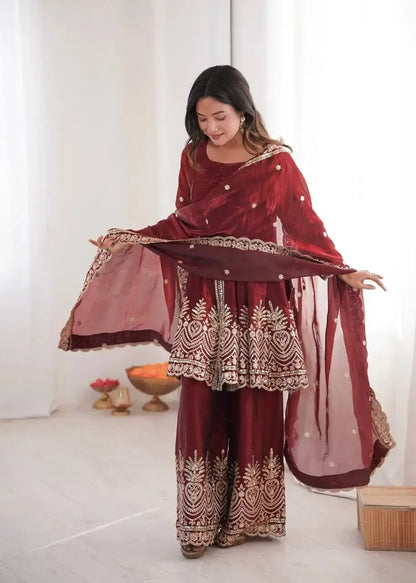 Heavy Two Tone Fendy Satin Silk Embroidered Gown with Sharara & Dupatta – Designer Ethnic Wear