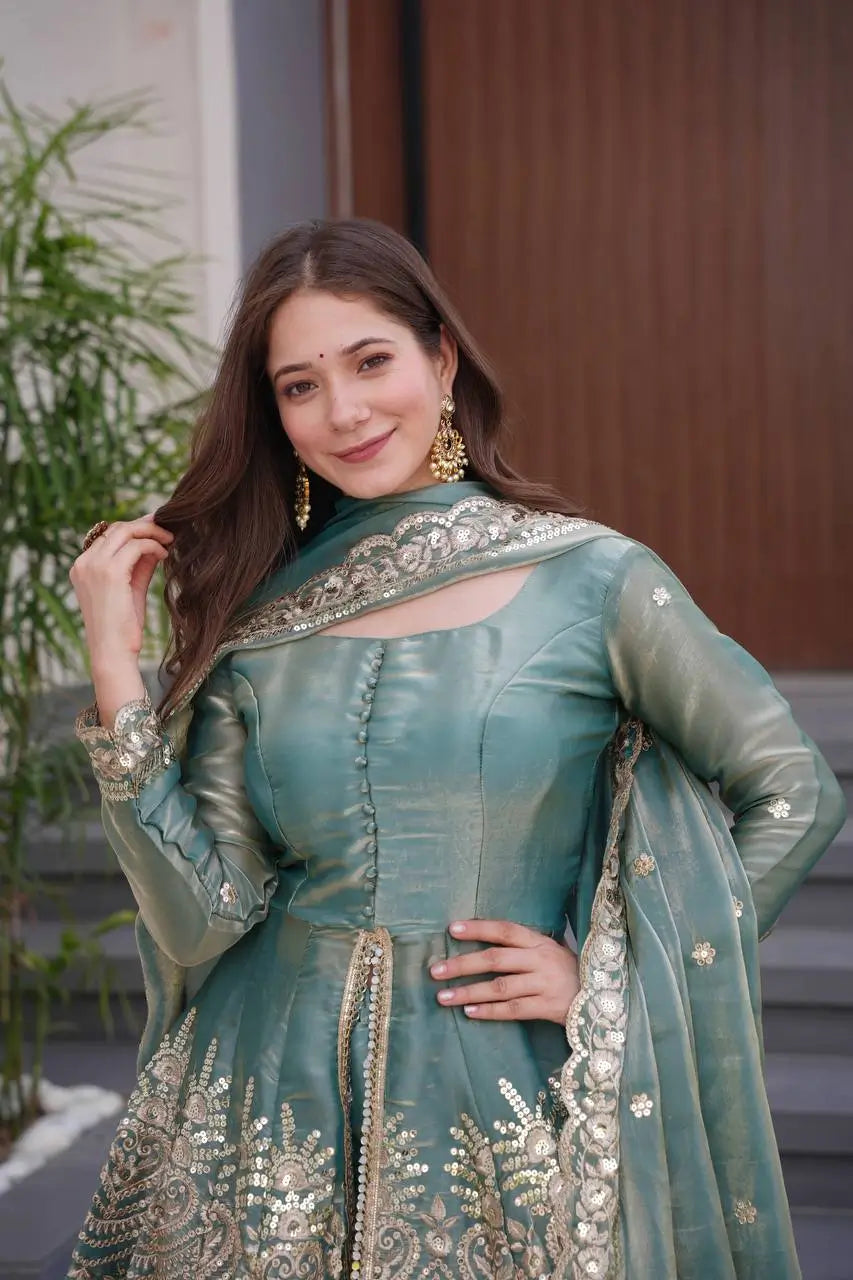 Heavy Two Tone Fendy Satin Silk Embroidered Gown with Sharara & Dupatta – Designer Ethnic Wear
