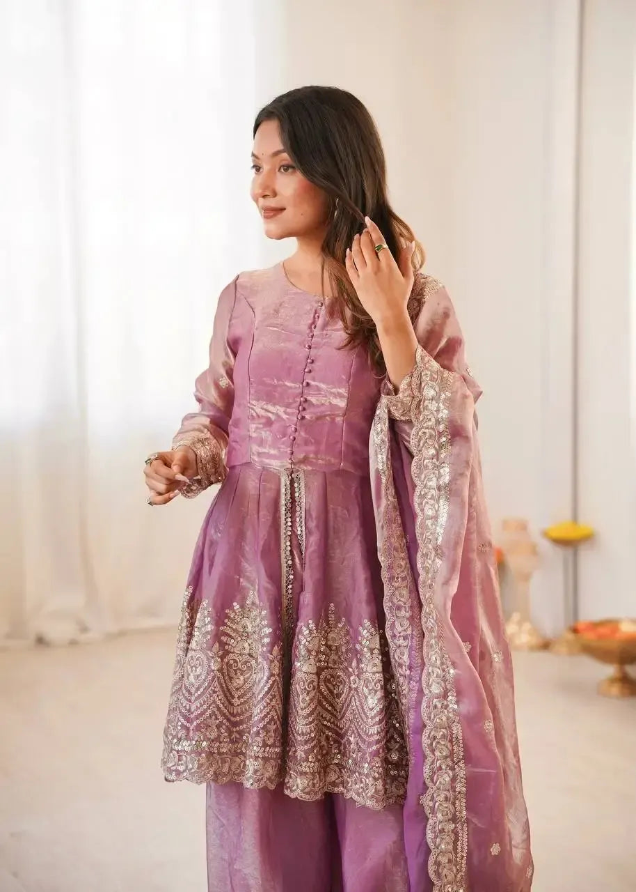 Heavy Two Tone Fendy Satin Silk Embroidered Gown with Sharara & Dupatta – Designer Ethnic Wear