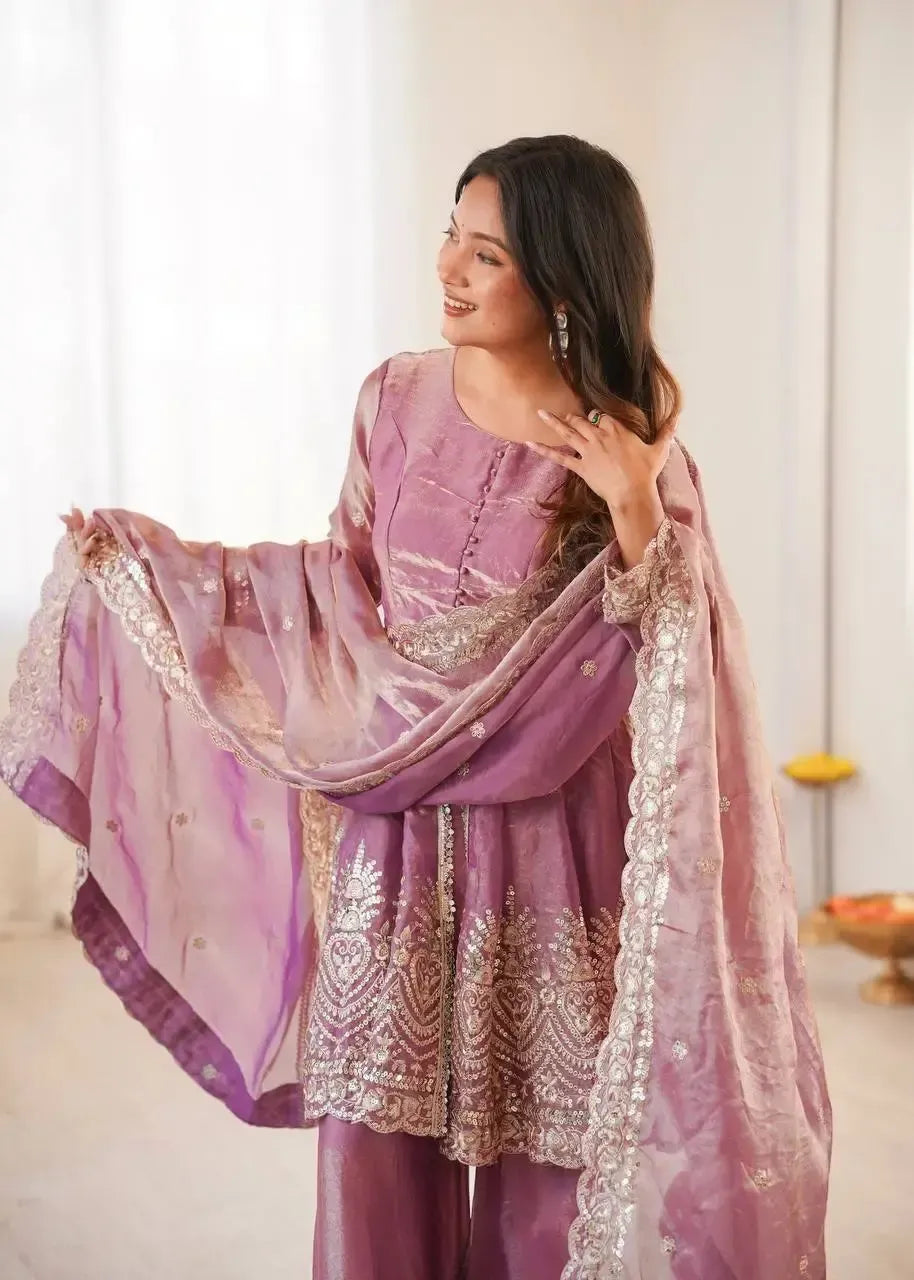 Heavy Two Tone Fendy Satin Silk Embroidered Gown with Sharara & Dupatta – Designer Ethnic Wear