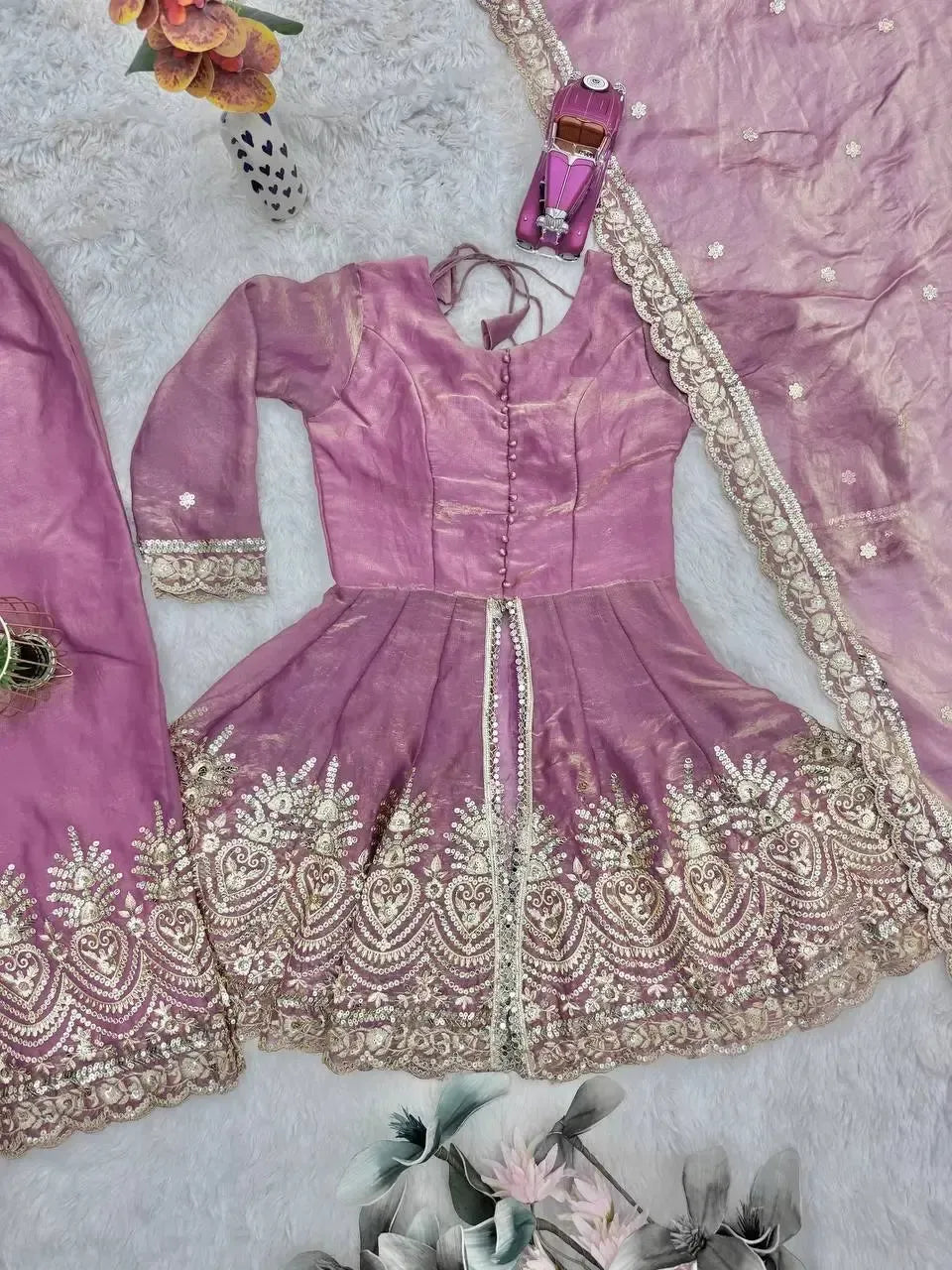 Heavy Two Tone Fendy Satin Silk Embroidered Gown with Sharara & Dupatta – Designer Ethnic Wear