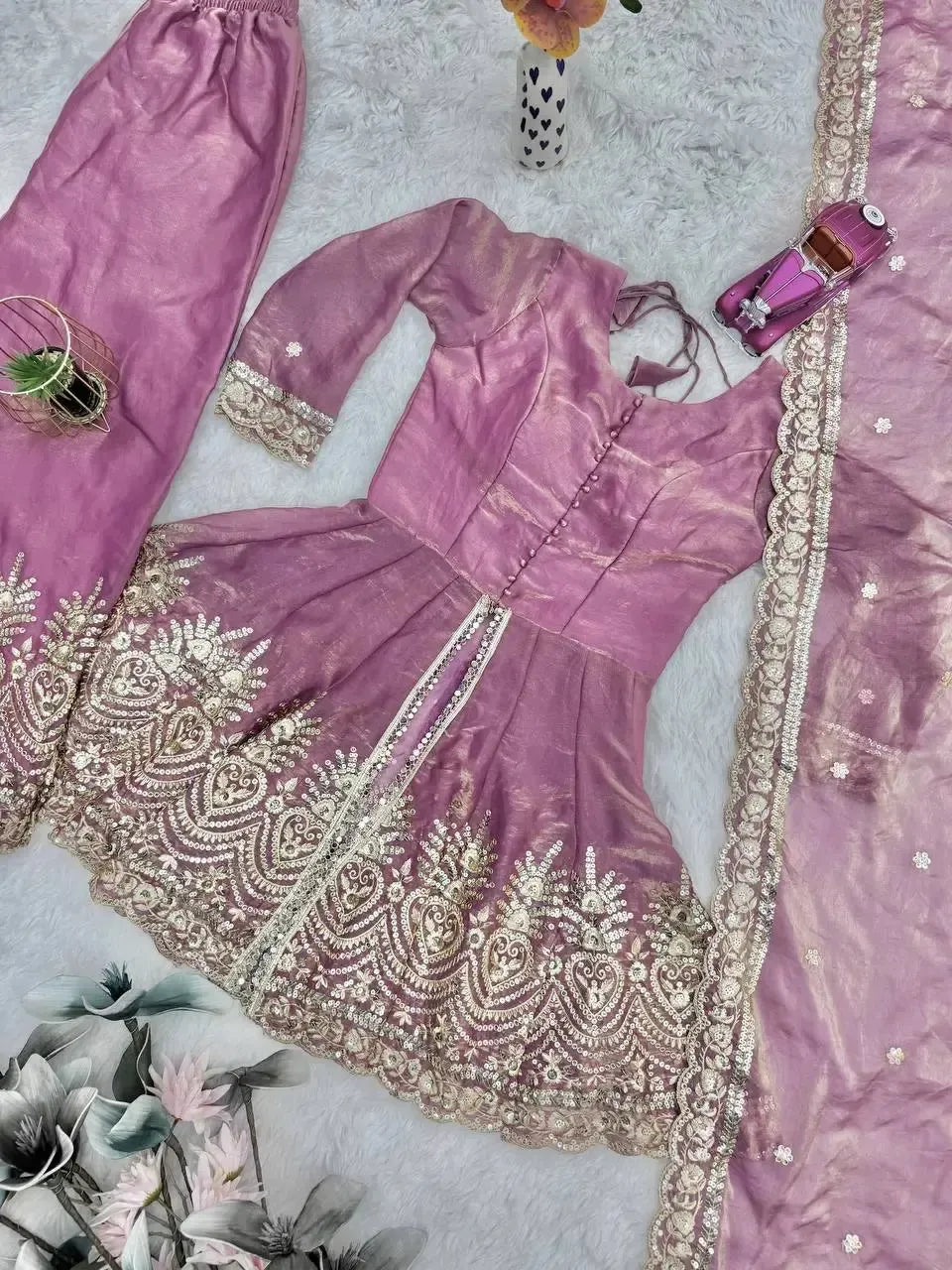 Heavy Two Tone Fendy Satin Silk Embroidered Gown with Sharara & Dupatta – Designer Ethnic Wear