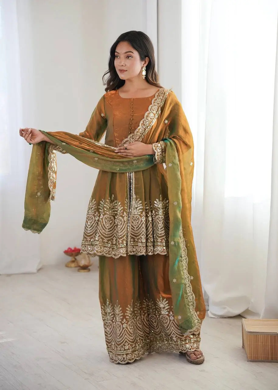 Heavy Two Tone Fendy Satin Silk Embroidered Gown with Sharara & Dupatta – Designer Ethnic Wear